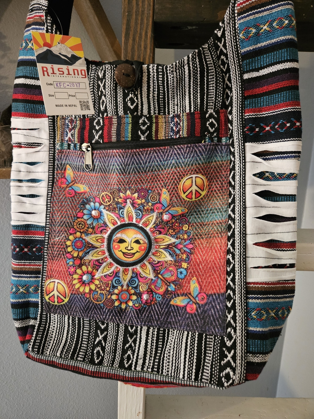 NWT Rising International Boho Sun & Peace Sign Crossbody Bag - Made in Nepal